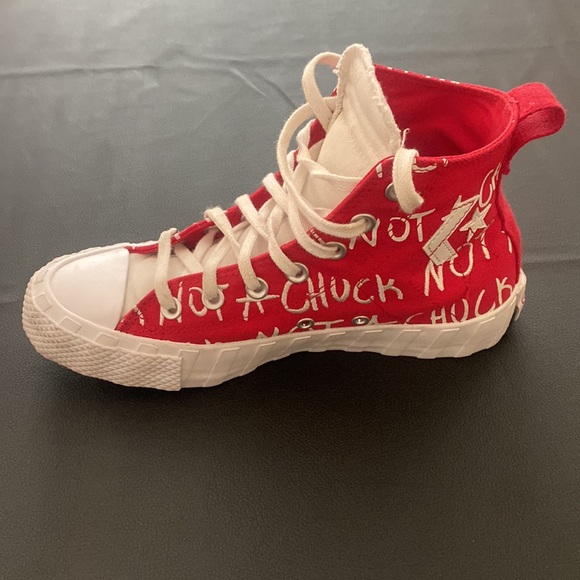 Red and white “not a chuck” high top Converse - Picture 4 of 9